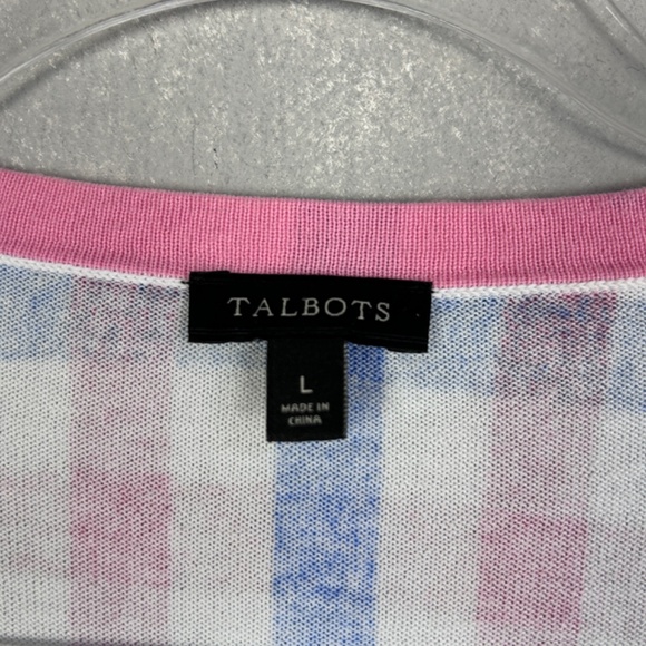 Talbots size L short sleeve lightweight cardigan navy pink check cotton blend - Picture 9 of 10